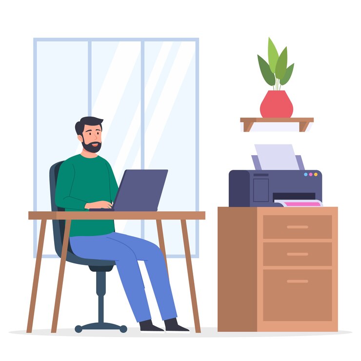 cartoon office worker with printer